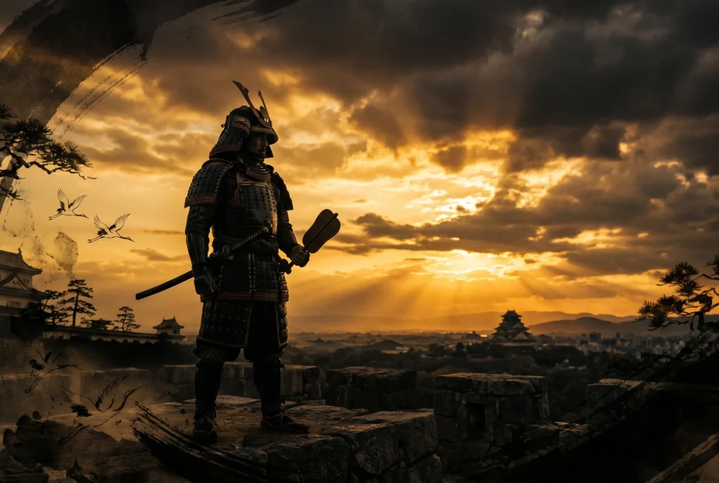 日本の歴史と文化を象徴する夕焼けの城と鎧姿の侍。